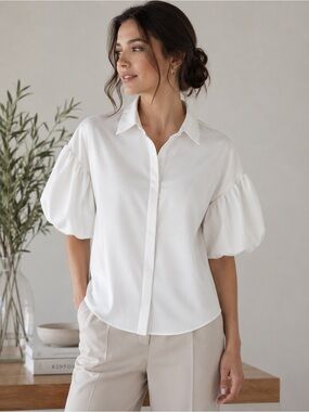 THEO The Label Atlas White Bouffant Puff Sleeve Button Shirt Sz Small
